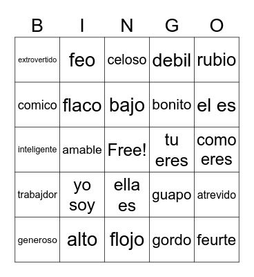 Spanish Adjectives Bingo Card