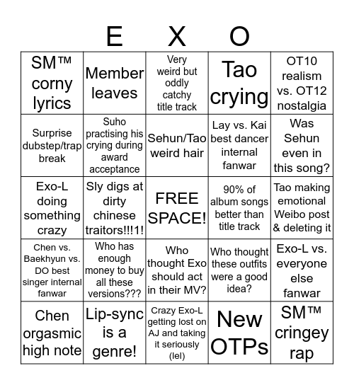 Exo Comeback Bullshit Bingo Card