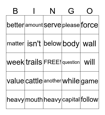 Sight Words Bingo Card