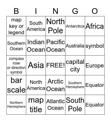 Continents and Oceans Bingo Card