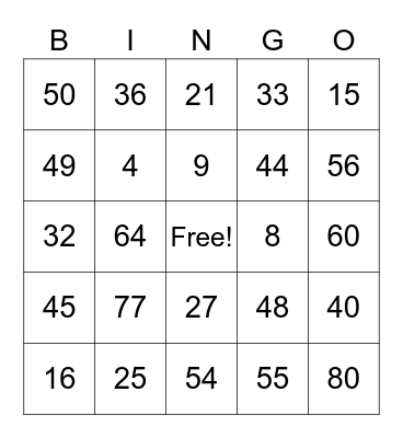 Multiplication Bingo Card