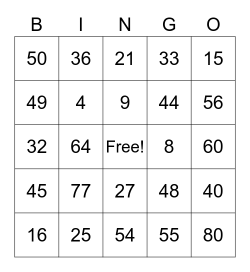Multiplication Bingo Card