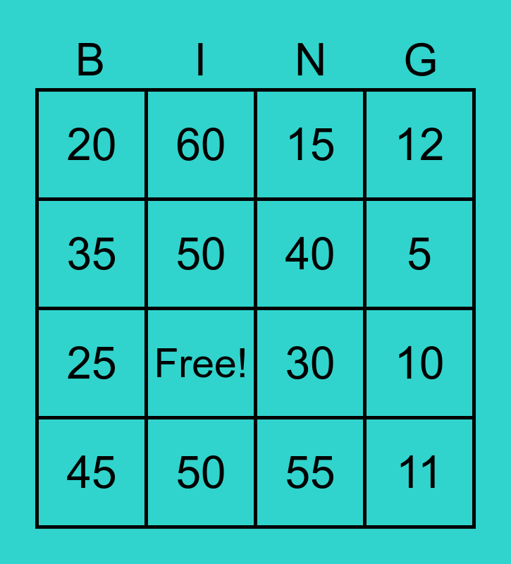 Bingo Numbers 160 Bingo Card