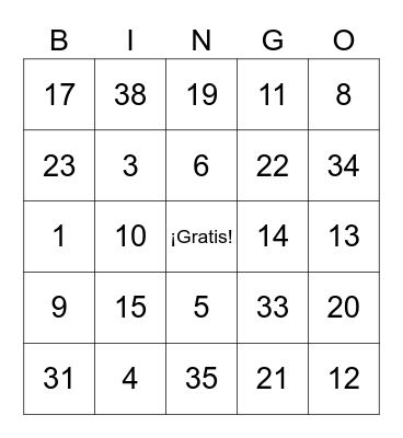 Los números 0-39 (all) Bingo Card