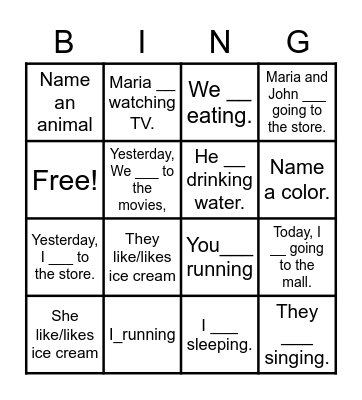 English Grammar Bingo Card