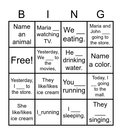 English Grammar Bingo Card