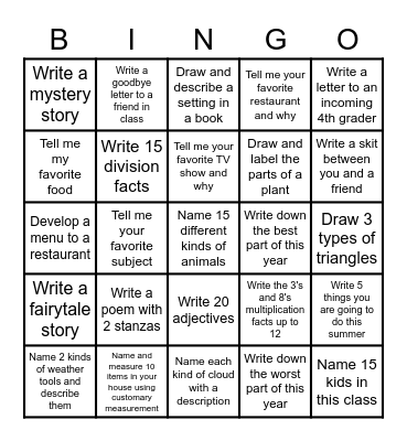 End of Year Bingo Card