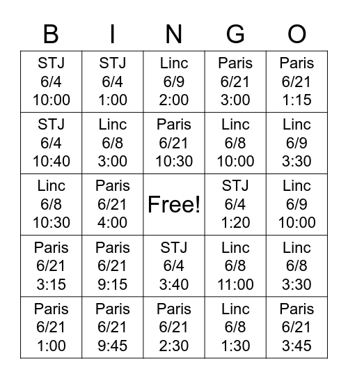 Paris-And More! Bingo Card