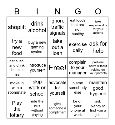 Risk Taking Bingo Card