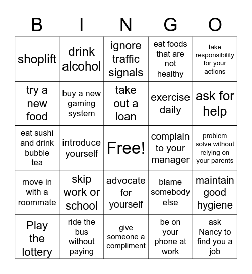 Risk Taking Bingo Card