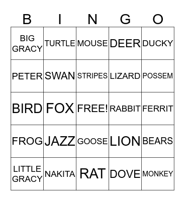 ANIMAL BINGO Card