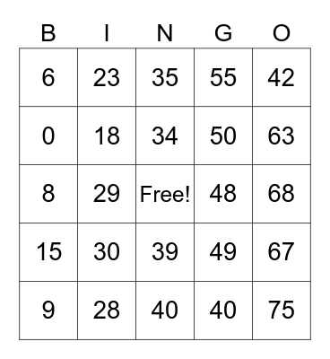 Multiplication Bingo Card