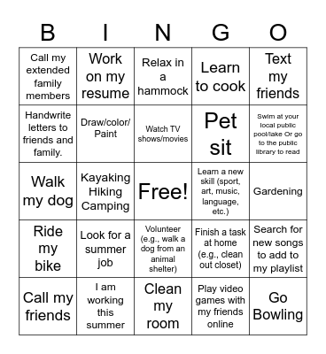 Fun Summer Activities Bingo Card