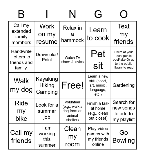 Fun Summer Activities Bingo Card