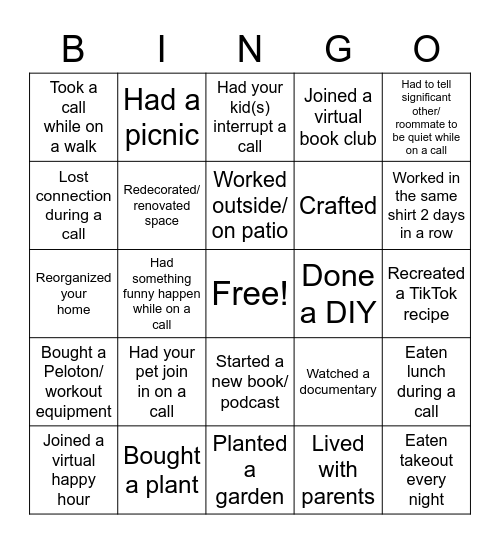 WFH Bingo Card