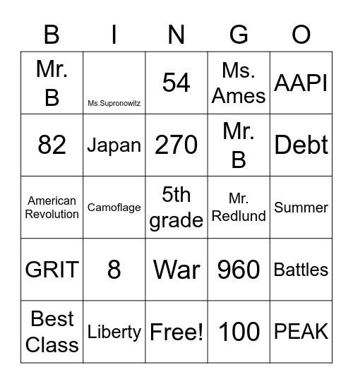 4th Grade Rocks Bingo Card