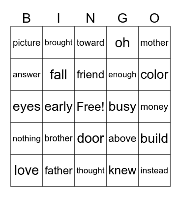 ASTROS (High Frequency Words) Bingo Card