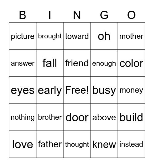 ASTROS (High Frequency Words) Bingo Card