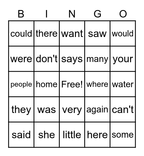 1st Grade Sight Word Bingo Card