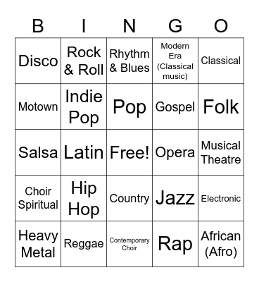 Music Genres Bingo Card