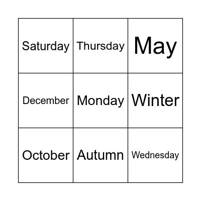 Days of the week/Months/Seasons Bingo Card