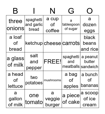 Food Bingo Card