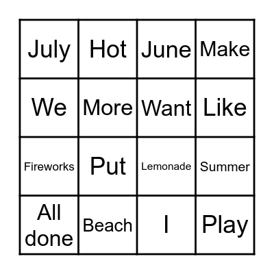 Summer Vocabulary Bingo Card