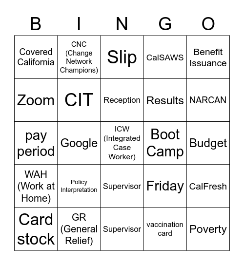 Unit Meeting Bingo Card