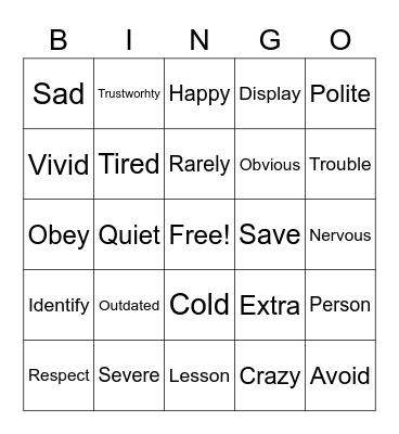 Synonym Bingo Card