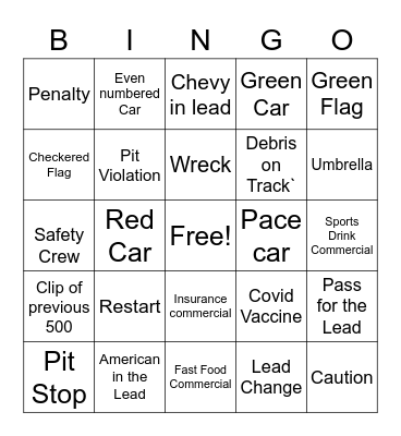 INDIANAPOLIS    500   RACE Bingo Card