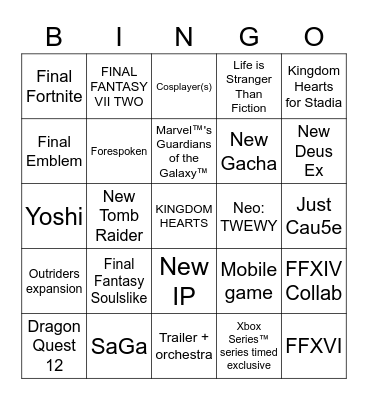 Squenix E3 2021 Bingo Card