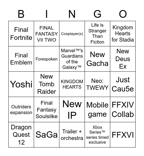 Squenix E3 2021 Bingo Card