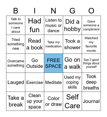 Mental Health Bingo Card