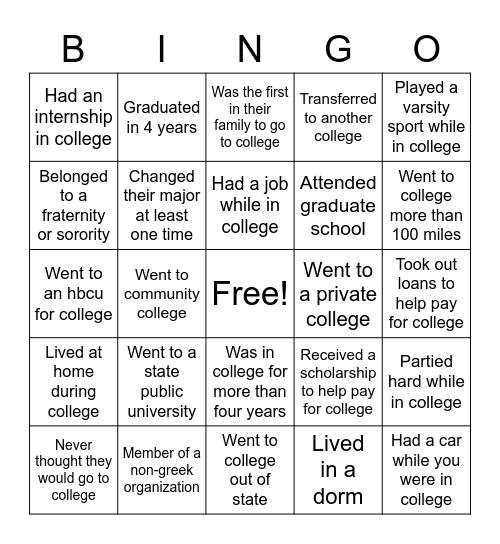 College and Career Bingo Card