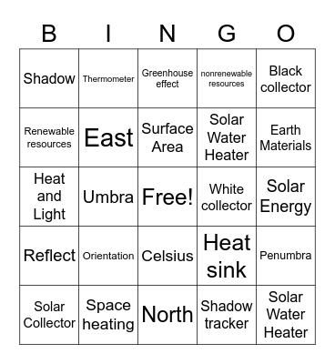Solar Energy Bingo Card