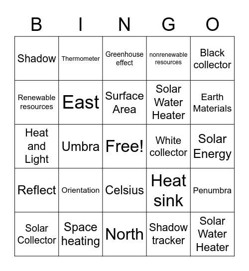 Solar Energy Bingo Card