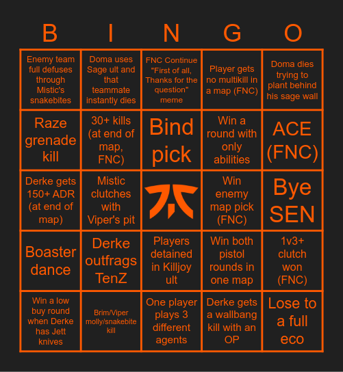 FNC VS SEN Bingo Card