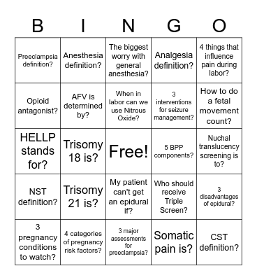 High-Risk Pregnancy and Pain Bingo Card
