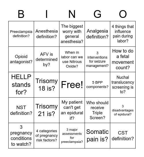 High-Risk Pregnancy and Pain Bingo Card