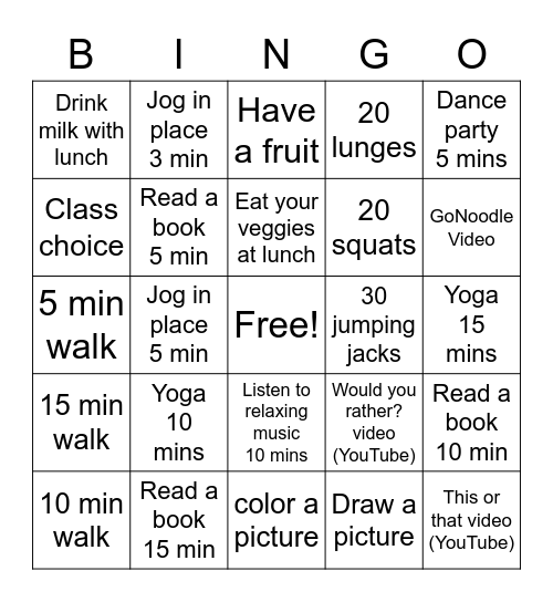 Classroom Wellness Bingo Wk #4 Bingo Card