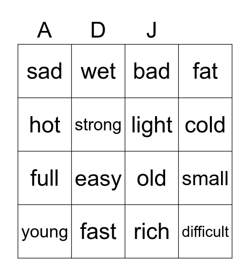 Adjectives Bingo Card