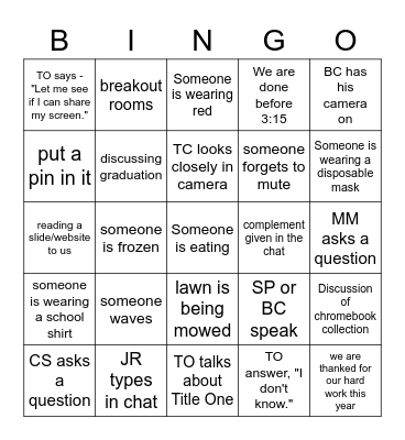 Zoom Faculty Meeting Bingo Card