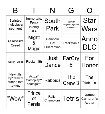 Ubisoft E3 2021 Bingo Card