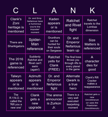 Ratchet & Clank: Rift Apart Bingo Card