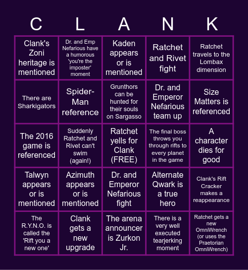 Ratchet & Clank: Rift Apart Bingo Card