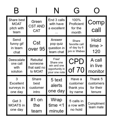 Customer Service Bingo Card