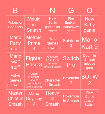 Nintendo E3 2021 Bingo Card