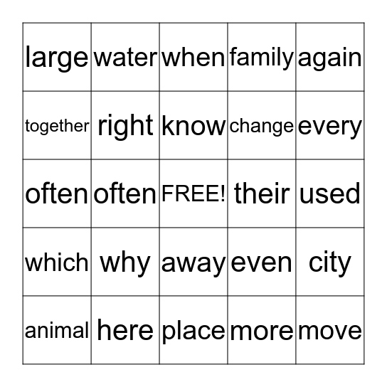 Trick Word Bingo Card