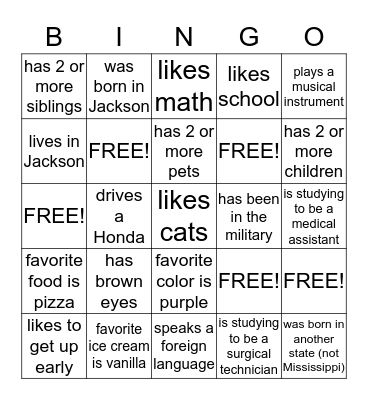 Getting to know my classmates Bingo Card