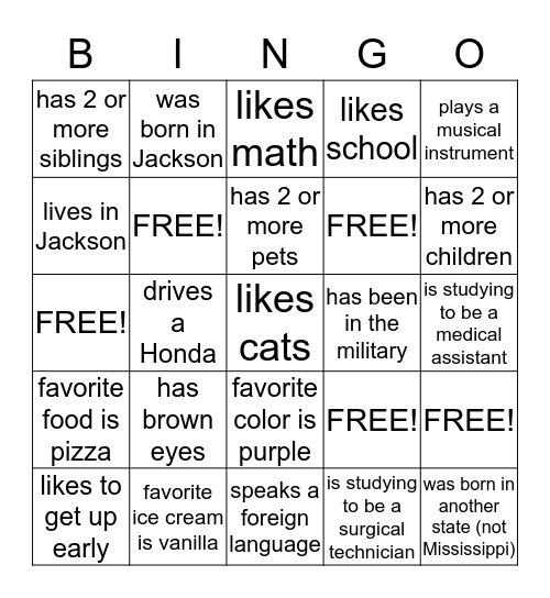 Getting to know my classmates Bingo Card